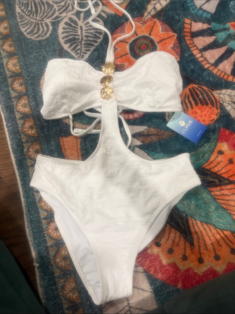 Cupshe White Textured One-Piece Monokini with Gold Accents